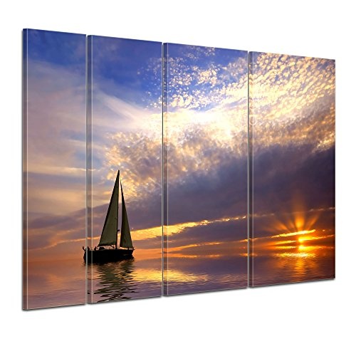 Keilrahmenbild - Segelboot im Sonnenuntergang - Bild auf Leinwand - 180x120 cm vierteilig - Leinwandbilder - Geist & Seele - Urlaub - Entspannung auf See