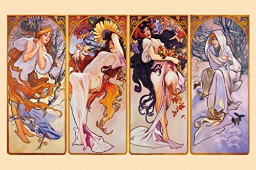 1art1 67480 Alphonse Mucha - Die Vier Jahreszeiten, 1896 Poster Leinwandbild Auf Keilrahmen 120 x 80 cm