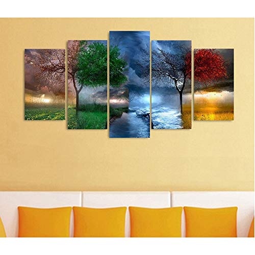 LJFYXZ Leinwandbild Vier Jahreszeiten Baumlandschaft HD Bild Leinwand drucken Schlafzimmer Wohnzimmer Hintergrund dekorative Malerei Kunstplakat 5-teiliges Set