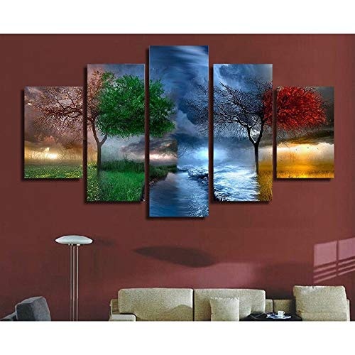 LJFYXZ Leinwandbild Vier Jahreszeiten Baumlandschaft HD Bild Leinwand drucken Schlafzimmer Wohnzimmer Hintergrund dekorative Malerei Kunstplakat 5-teiliges Set