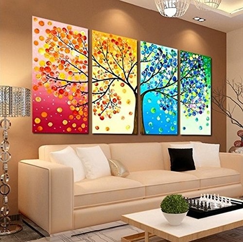 mmnwall- Moderne rahmenlose Prints auf Leinwand Artwork Wanddekoration für Wohnzimmer Home Dekoration, Vier Jahreszeiten Spray Baum Malerei 40cmx60cmx4p
