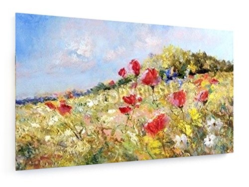 Rote Mohnblumen und Margeriten auf Einer Sommerwiese - 100x60 cm - Textil-Leinwandbild auf Keilrahmen - Wand-Bild - Kunst, Gemälde, Foto, Bild auf Leinwand - Blumen