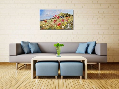 Rote Mohnblumen und Margeriten auf Einer Sommerwiese - 100x60 cm - Textil-Leinwandbild auf Keilrahmen - Wand-Bild - Kunst, Gemälde, Foto, Bild auf Leinwand - Blumen