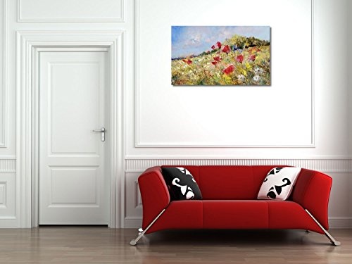 Rote Mohnblumen und Margeriten auf Einer Sommerwiese - 100x60 cm - Textil-Leinwandbild auf Keilrahmen - Wand-Bild - Kunst, Gemälde, Foto, Bild auf Leinwand - Blumen