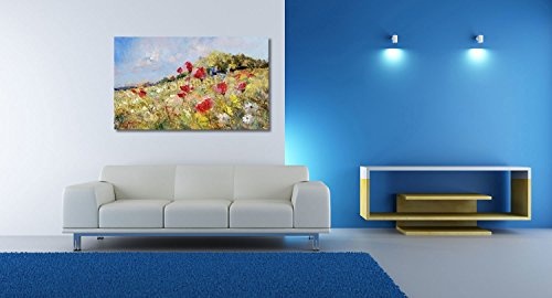 Rote Mohnblumen und Margeriten auf Einer Sommerwiese - 100x60 cm - Textil-Leinwandbild auf Keilrahmen - Wand-Bild - Kunst, Gemälde, Foto, Bild auf Leinwand - Blumen