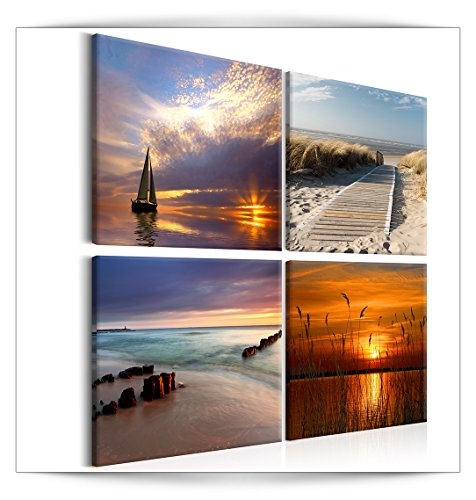 decomonkey Bilder Strand Meer 80x80 cm 4 Teilig Leinwandbilder Bild auf Leinwand Vlies Wandbild Kunstdruck Wanddeko Wand Wohnzimmer Wanddekoration Deko Natur Landschaft