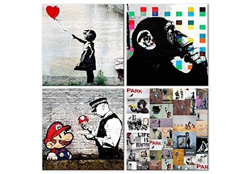 murando - Bilder Banksy 40x40 cm - Vlies Leinwandbild - 4 TLG - Kunstdruck - modern - Wandbilder XXL - Wanddekoration - Design - Wand Bild - schwarz weiß AFFE Mario i-B-0057-b-a