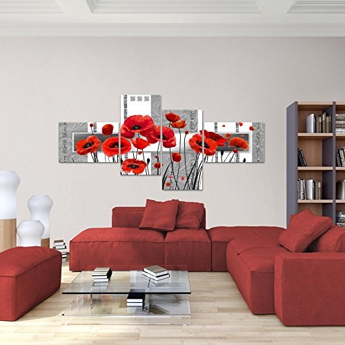 Bilder Blumen Mohnblumen Wandbild 200 x 100 cm Vlies - Leinwand Bild XXL Format Wandbilder Wohnzimmer Wohnung Deko Kunstdrucke Rot Grau 4 Teilig - MADE IN GERMANY - Fertig zum Aufhängen 205841a