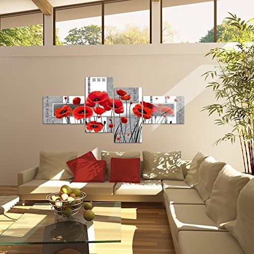 Bilder Blumen Mohnblumen Wandbild 200 x 100 cm Vlies - Leinwand Bild XXL Format Wandbilder Wohnzimmer Wohnung Deko Kunstdrucke Rot Grau 4 Teilig - MADE IN GERMANY - Fertig zum Aufhängen 205841a