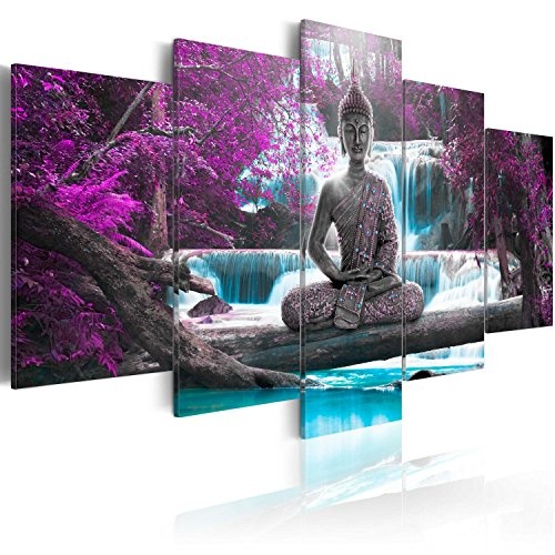 murando - Bilder 225x112 cm Vlies Leinwandbild 5 TLG Kunstdruck modern Wandbilder XXL Wanddekoration Design Wand Bild - Buddha Landschaft Natur Wasserfall Baum Wald c-A-0021-b-o