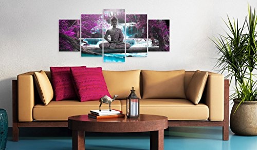 murando - Bilder 225x112 cm Vlies Leinwandbild 5 TLG Kunstdruck modern Wandbilder XXL Wanddekoration Design Wand Bild - Buddha Landschaft Natur Wasserfall Baum Wald c-A-0021-b-o