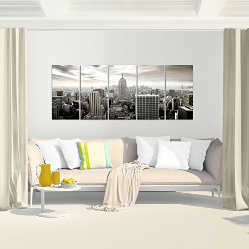 Bilder New York City Wandbild 200 x 80 cm Vlies - Leinwand Bild XXL Format Wandbilder Wohnzimmer Wohnung Deko Kunstdrucke Grau 5 Teilig - MADE IN GERMANY - Fertig zum Aufhängen 603455c