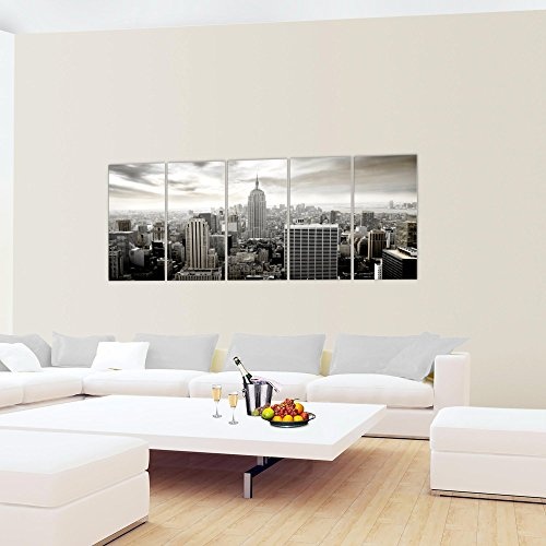 Bilder New York City Wandbild 200 x 80 cm Vlies - Leinwand Bild XXL Format Wandbilder Wohnzimmer Wohnung Deko Kunstdrucke Grau 5 Teilig - MADE IN GERMANY - Fertig zum Aufhängen 603455c
