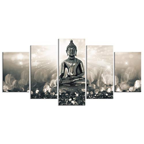 decomonkey Bilder Buddha 200x100 cm 5 Teilig Leinwandbilder Bild auf Leinwand Vlies Wandbild Kunstdruck Wanddeko Wand Wohnzimmer Wanddekoration Deko Abstrakt Zen Orient