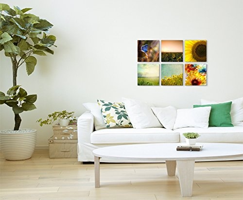 Paul Sinus Art 6 Teiliges Leinwandbild je 40x40cm - Schmetterling Sonnenblumen Blumenwiese Ölmalerei