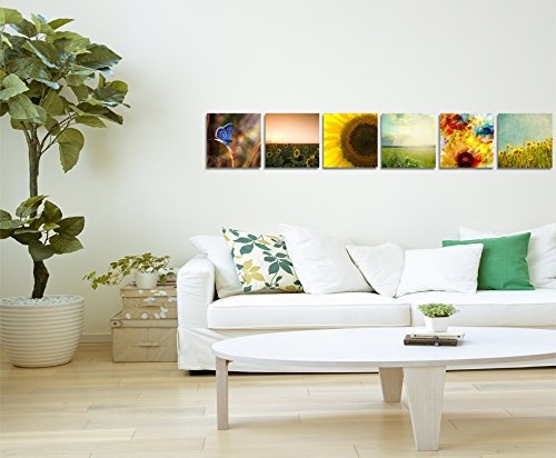 Paul Sinus Art 6 Teiliges Leinwandbild je 40x40cm - Schmetterling Sonnenblumen Blumenwiese Ölmalerei