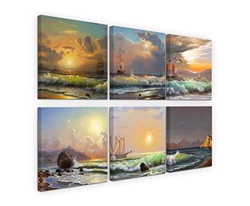 6 teilige moderne Bilderserie je 20x20cm - Ölmalerei Schiff Meer Sturm Wellen