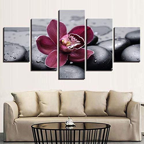 Karrnta 5 Teilig Leinwandbilder Bild Kunstdruck modern Wandbilder Wanddekoration Design Wand Bild Blumen fünf grüne Blätter aus Bambus,B,40x60x2+40x80x2+40x100x1