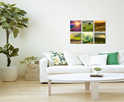 Paul Sinus Art 6 Teiliges Leinwandbild je 40x40cm - Landschaft Blumen Wiese Sonnenuntergang Natur