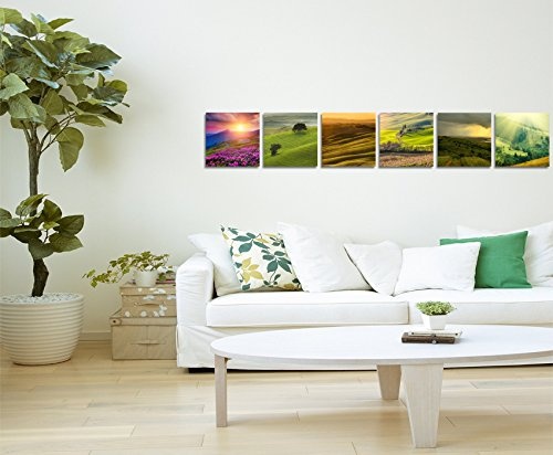 Paul Sinus Art 6 Teiliges Leinwandbild je 40x40cm - Landschaft Blumen Wiese Sonnenuntergang Natur