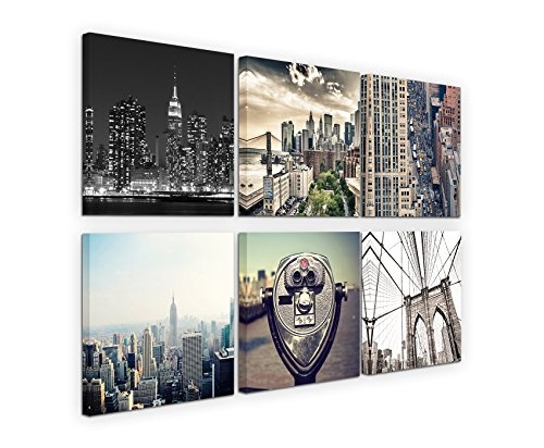 Paul Sinus Art 6 Teiliges Leinwandbild je 40x40cm - New York Fernglas Skyline Brooklyn Bridge