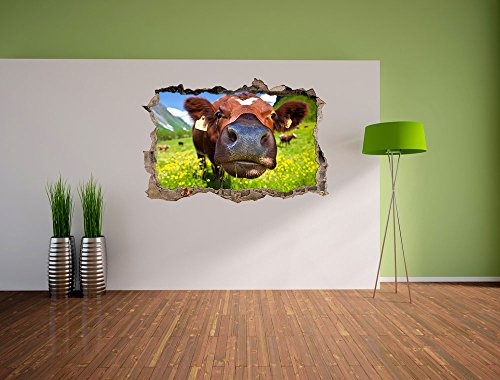 Pixxprint 3D_WD_S2205_92x62 witzige Kuh auf wundervoller Bergwiese Wanddurchbruch 3D Wandtattoo, Vinyl, bunt, 92 x 62 x 0,02 cm