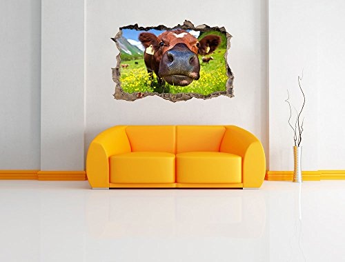 Pixxprint 3D_WD_S2205_92x62 witzige Kuh auf wundervoller Bergwiese Wanddurchbruch 3D Wandtattoo, Vinyl, bunt, 92 x 62 x 0,02 cm