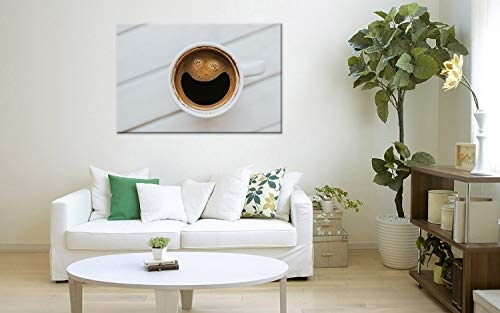 Wandhelden - modernes Leinwandbild auf Keilrahmen, Verschiedene Größen (auch XXL) - in Thüringen gefertigt - Witziges Küchenbild: Kaffee mit Happy Smilie - Foto Kunstdruck auf Leinwand (60 x 80 cm)