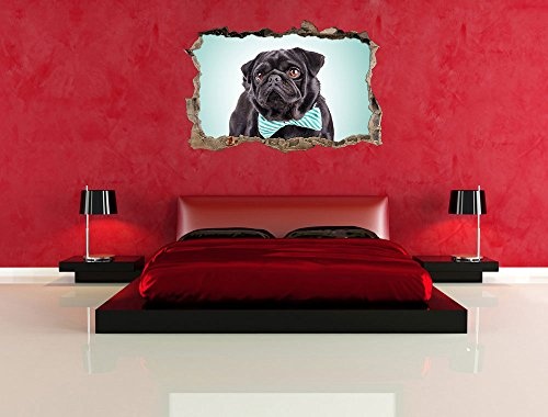 Pixxprint 3D_WD_S2220_92x62 witziger Mops mit Fliege Wanddurchbruch 3D Wandtattoo, Vinyl, bunt, 92 x 62 x 0,02 cm