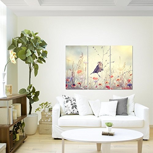 Bilder Blumen Vogel Wandbild 120 x 80 cm - 3 Teilig Vlies...