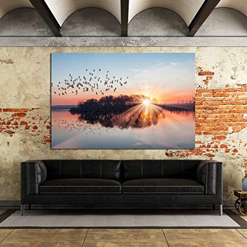 LoveSticker AE602 Leinwandbild Vögel fliegen See Sonnenuntergang Natur, 24x36inch (60x90cm)