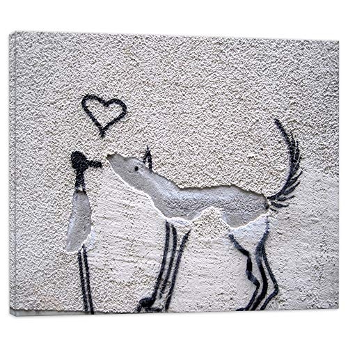 Banksy Leinwandbild - Hund & Vogel 30x40cm - Bilder Leinwanddrucke/Wandbilder Street Art Graffiti Kunstdruck 2cm (div.Größen) - Leinwandbild Wandbild/fertig aufgespannt/fertig zum aufhängen