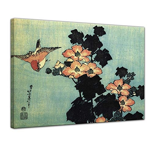 Wandbild Katsushika Hokusai Hibiskus und Spatz - 40x30cm quer - Alte Meister Berühmte Gemälde Leinwandbild Kunstdruck Bild auf Leinwand