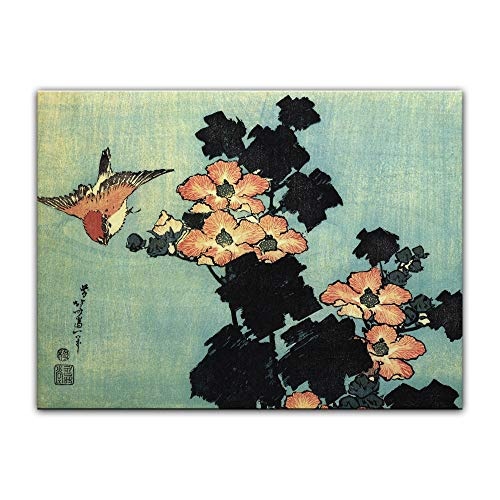 Wandbild Katsushika Hokusai Hibiskus und Spatz - 40x30cm...