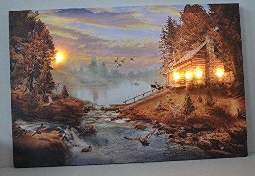 Das Gute Leben Groß Leuchten LED-Leinwandbild Hütte Land Szene mit Hirsch Vögel und Tiere 60 x 40cm