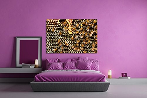 deyoli atemberaubende Honigwabe mit Bienen im Format: 120x80 als Leinwandbild, Motiv fertig gerahmt auf Echtholzrahmen, Hochwertiger Digitaldruck mit Rahmen, Kein Poster oder Plakat