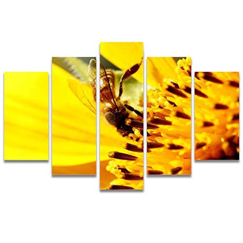 HWJ Leinwandbilder,Gelbe Biene Natürliche Blume Splitzende Zeichenbrett Rahmenmalerei (30X60Cmx2+30X80Cmx2+30X100Cmx1) 2,Aufhängefertige Wandbilder Für Wohnzimmer Schlafzimmer-Küchenbüro