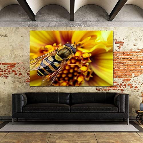 LoveSticker F475 Leinwandbild, Motiv Biene, gelbe Blume, Natur, gerahmt, 3D Kunstdruck, Montage, 32x48inch (80x120cm)