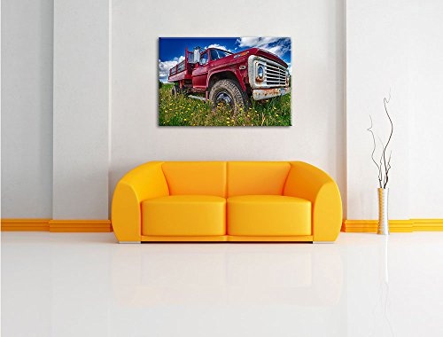 Pixxprint USA Truck auf Blumenwiese 120x80cm Leinwandbild Wandbild Kunstdruck