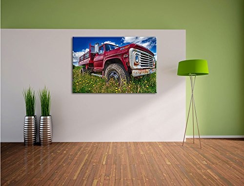 Pixxprint USA Truck auf Blumenwiese 120x80cm Leinwandbild Wandbild Kunstdruck