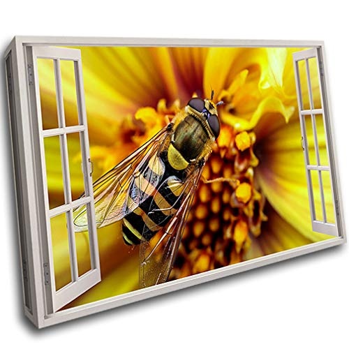 LoveSticker F475 Leinwandbild, Motiv Biene, gelbe Blume, Natur, Rahmen, 24x36inch (60x90cm)