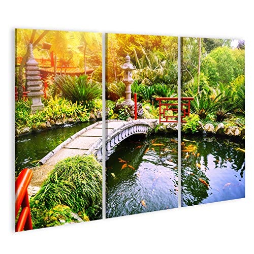 islandburner Bild Bilder auf Leinwand Japanischer Garten mit schwimmenden Koi-Fischen im Teich. Natur Hinterund Wandbild, Poster, Leinwandbild PIG-3P-DE