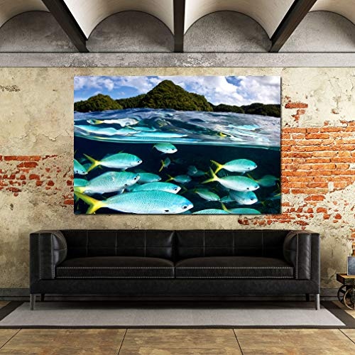LoveSticker F424 Leinwandbild, Motiv Fisch, Unterwasser-Inseln, gerahmt, 3D Kunst, 24x36inch (60x90cm)