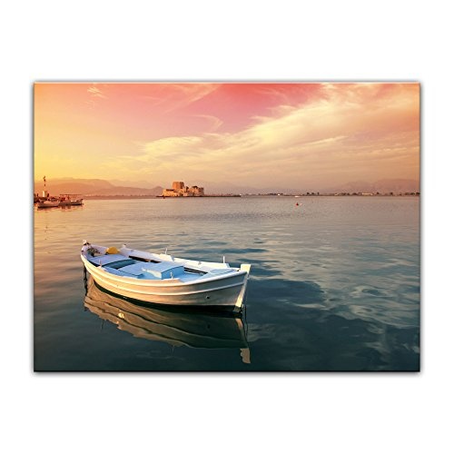 Wandbild - traditionelles griechisches Fischerboot - Bild auf Leinwand - 80 x 60 cm 1 teilig - Leinwandbilder - Bilder als Leinwanddruck - Urlaub, Sonne & Meer - Griechenland - Hafen im Sonnenuntergang