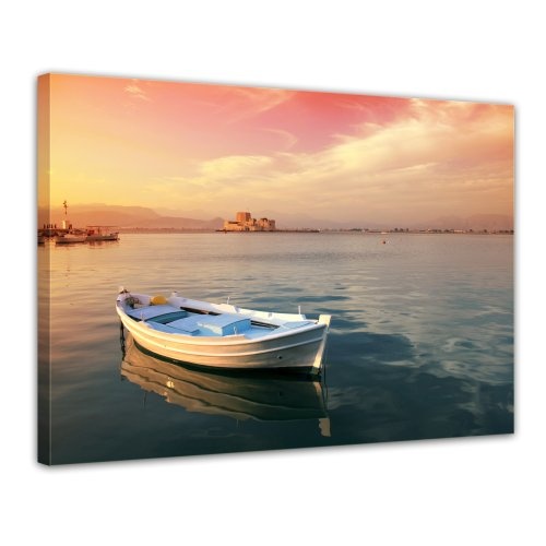 Wandbild - traditionelles griechisches Fischerboot - Bild auf Leinwand - 80 x 60 cm 1 teilig - Leinwandbilder - Bilder als Leinwanddruck - Urlaub, Sonne & Meer - Griechenland - Hafen im Sonnenuntergang