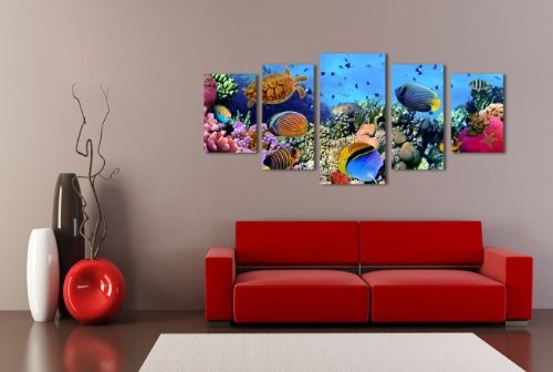 Leinwandbild Korallenriff mit Fischen LW388 Wandbild, Bild auf Leinwand, 5 Teile, 210 x 100 cm, Kunstdruck Canvas, XXL Bilder, Keilrahmenbild, fertig aufgespannt, Bild, Holzrahmen, Unterwasser, Riff, Taucher