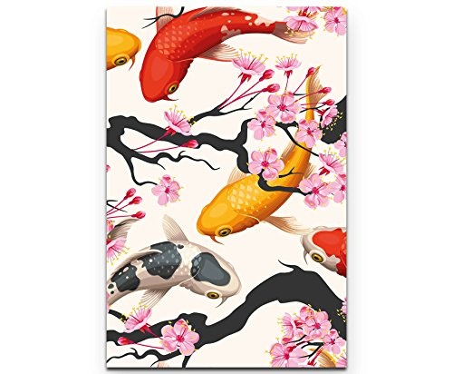Paul Sinus Art Leinwandbilder | Bilder Leinwand 90x60cm Koi Fische und Japanische Kirschblüte