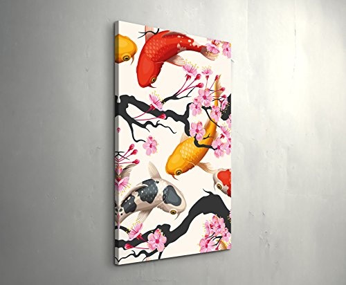 Paul Sinus Art Leinwandbilder | Bilder Leinwand 90x60cm Koi Fische und Japanische Kirschblüte