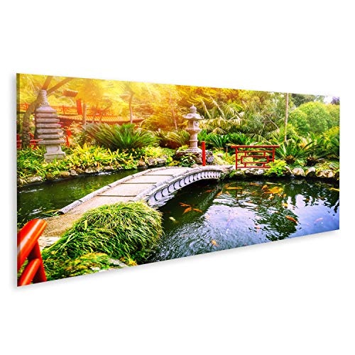 islandburner, Bild Bilder auf Leinwand Japanischer Garten mit schwimmenden Koi-Fischen im Teich. Natur Hinterund Wandbild, Poster, Leinwandbild Pig-Pano-DE6