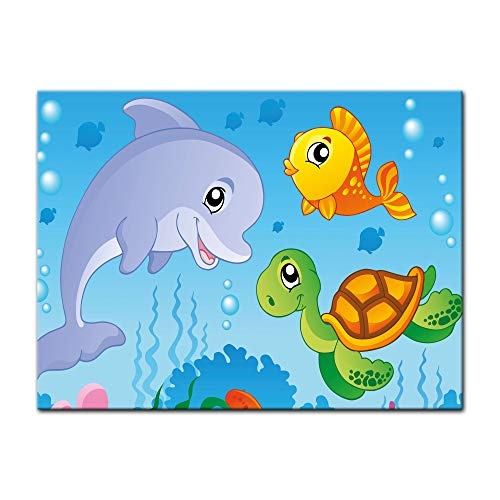 Wandbild - Kinderbild Unterwasser Tiere III - Bild auf Leinwand - 70x50 cm einteilig - Leinwandbilder - Kinder - Delfin, Schildkröte und Fisch